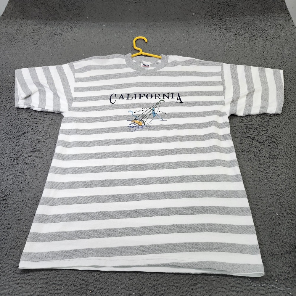 TND California Shirt Mens Large Gray White Striped Sailboat Nautical Tee Graphic